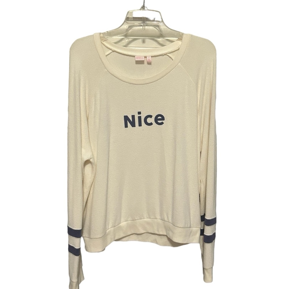 Make + Model Pullover Tunic "NICE" Top Sz XL White Blue Stripes Comfy Stretc…